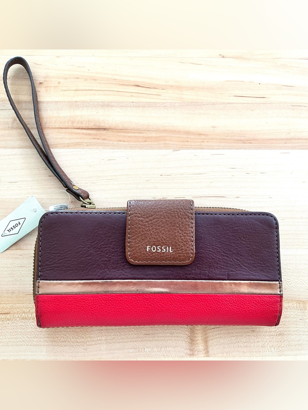 Fossil Madison Leather Wristlet Wallet — in Color Block Burgundy, Brown & Red